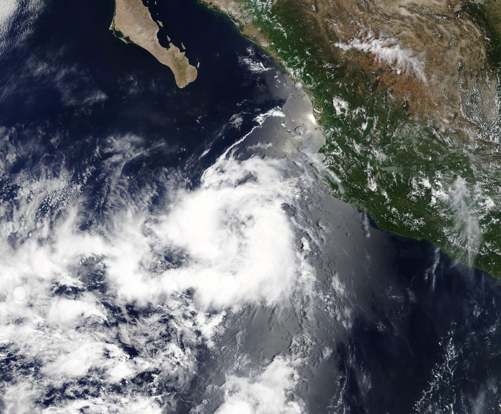 Imagen satelital de un ciclón tropical frente a las costas del Pacífico de México.