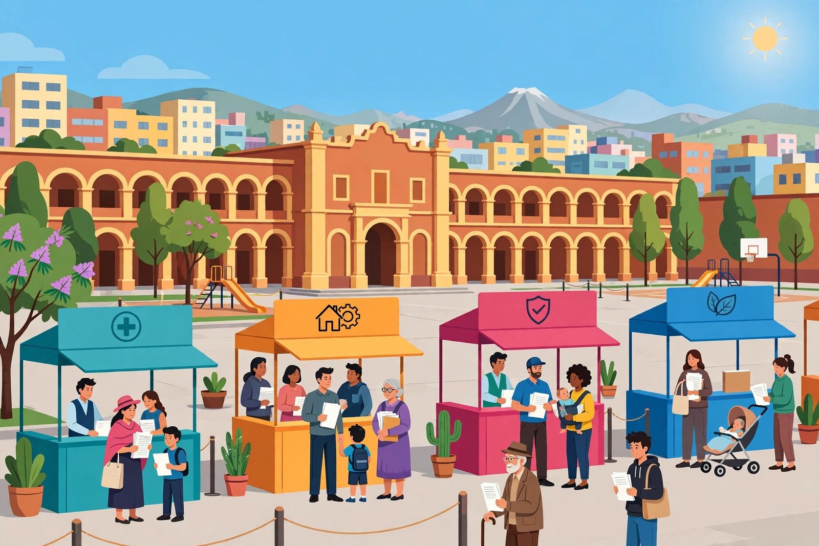 Ilustración editorial de una jornada de servicios gubernamentales con módulos de atención y familias en una ciudad mexicana