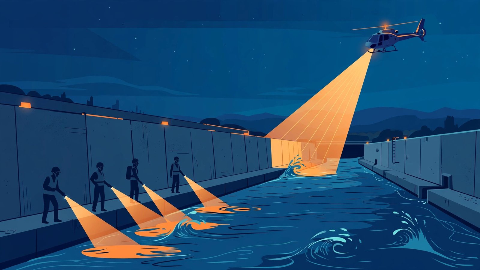 Ilustración editorial: operativo nocturno de búsqueda y rescate junto a un cauce de agua