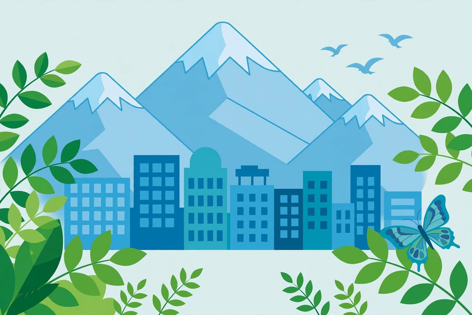 Gráfica editorial de una ciudad con una montaña nevada, hojas y aves, símbolo de biodiversidad