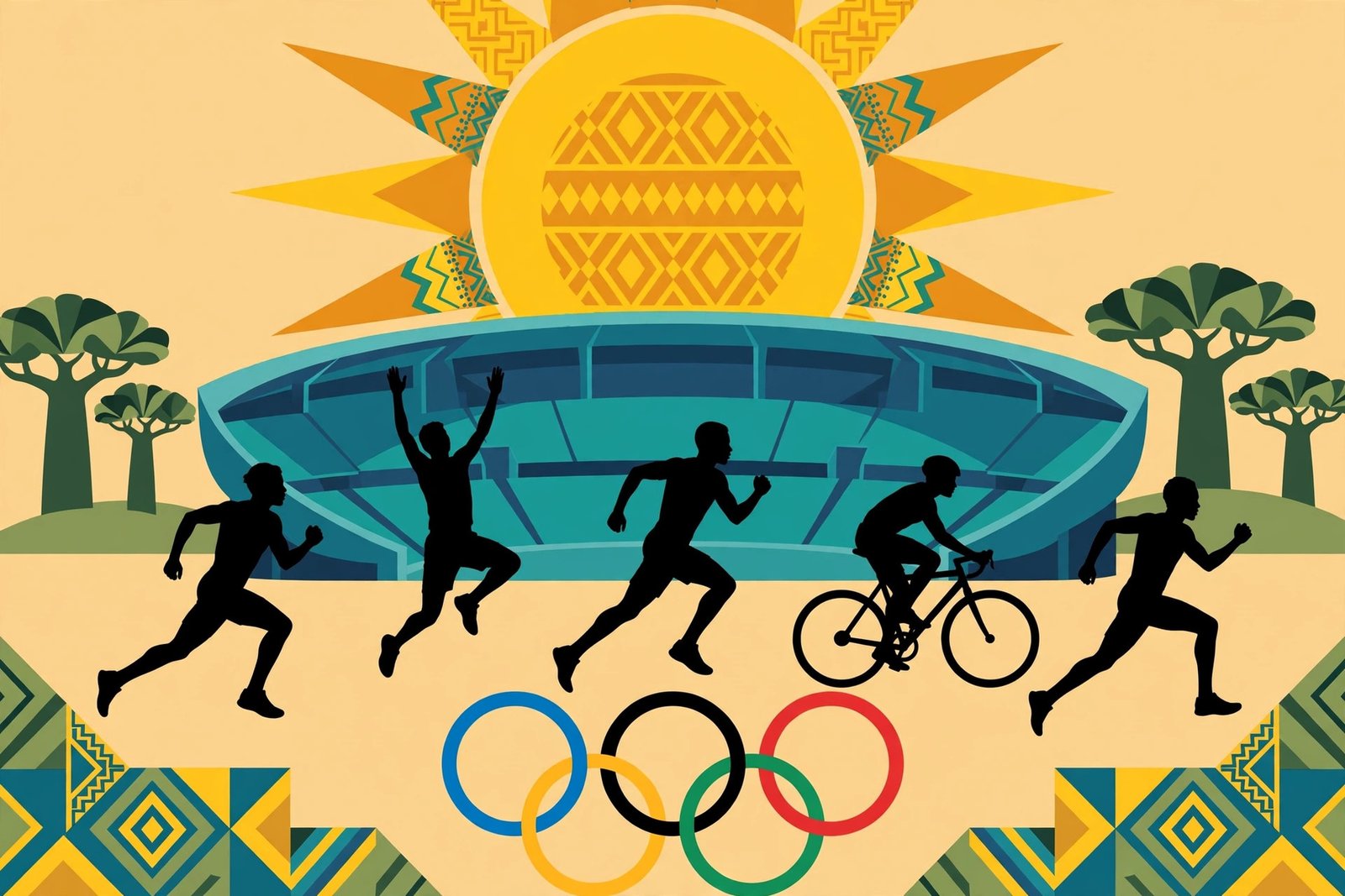 Gráfica editorial de jóvenes deportistas y un estadio en Dakar.