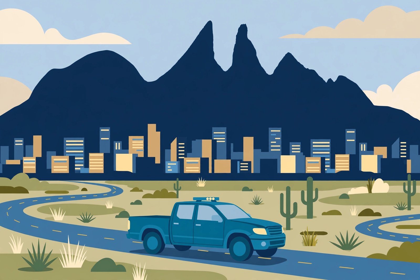 Gráfica editorial: patrulla de la policía estatal en una carretera de Nuevo León, con el Cerro de la Silla y la zona metropolitana de Monterrey al fondo, en estilo ilustrado.