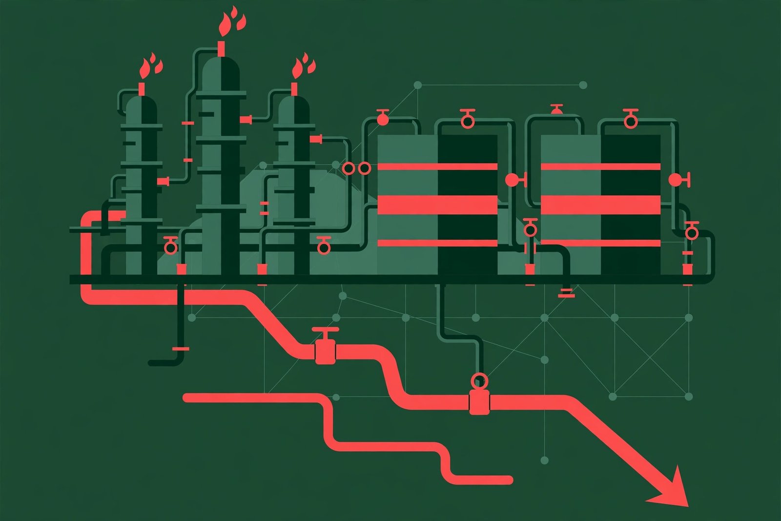 Gráfica editorial de una refinería con torres y ductos.