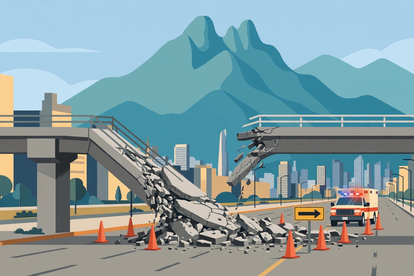 Ilustración editorial de un puente peatonal colapsado sobre una avenida con vehículo de emergencia.
