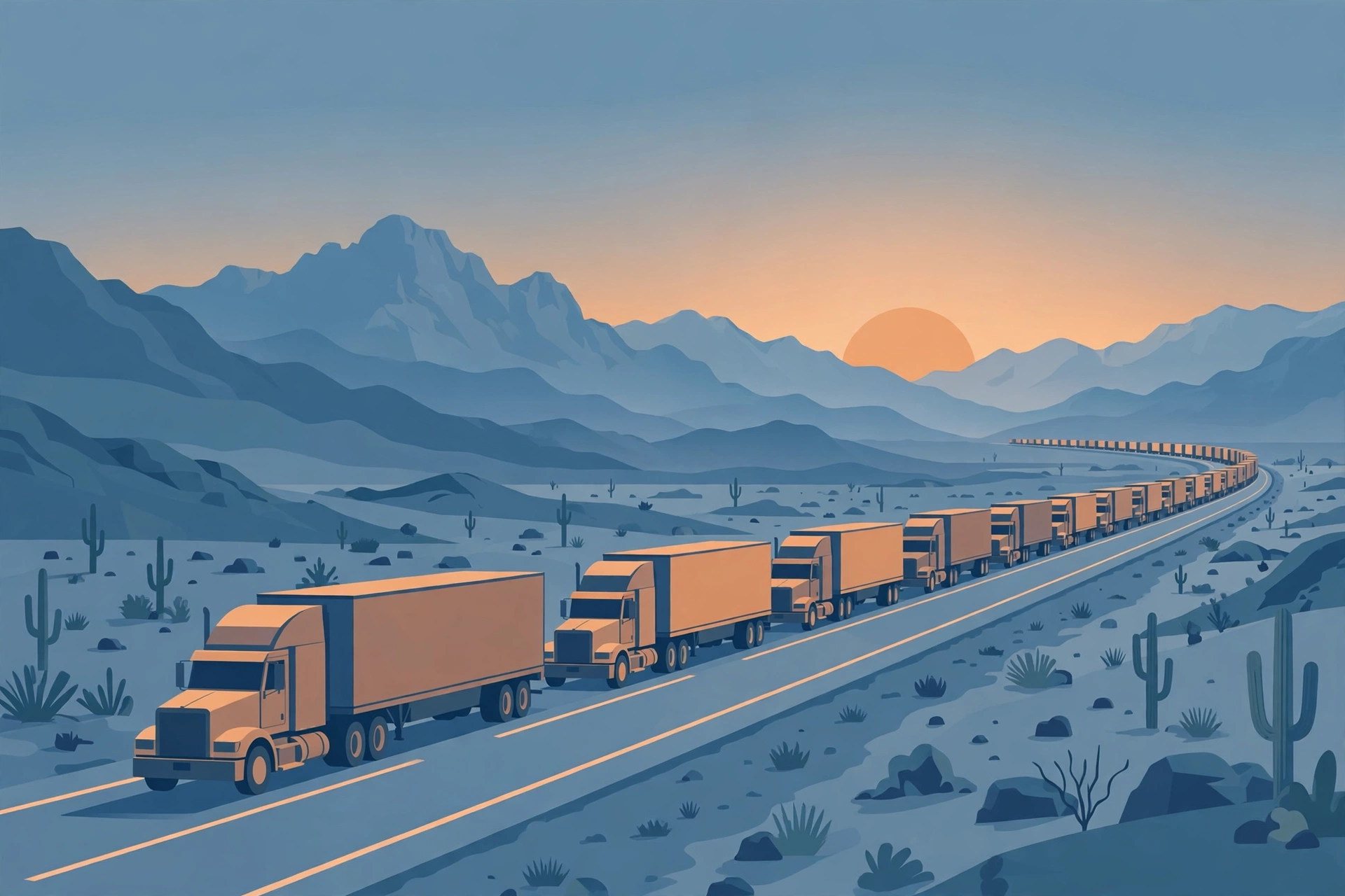 Ilustración editorial de una fila de camiones de carga sobre una carretera al amanecer.