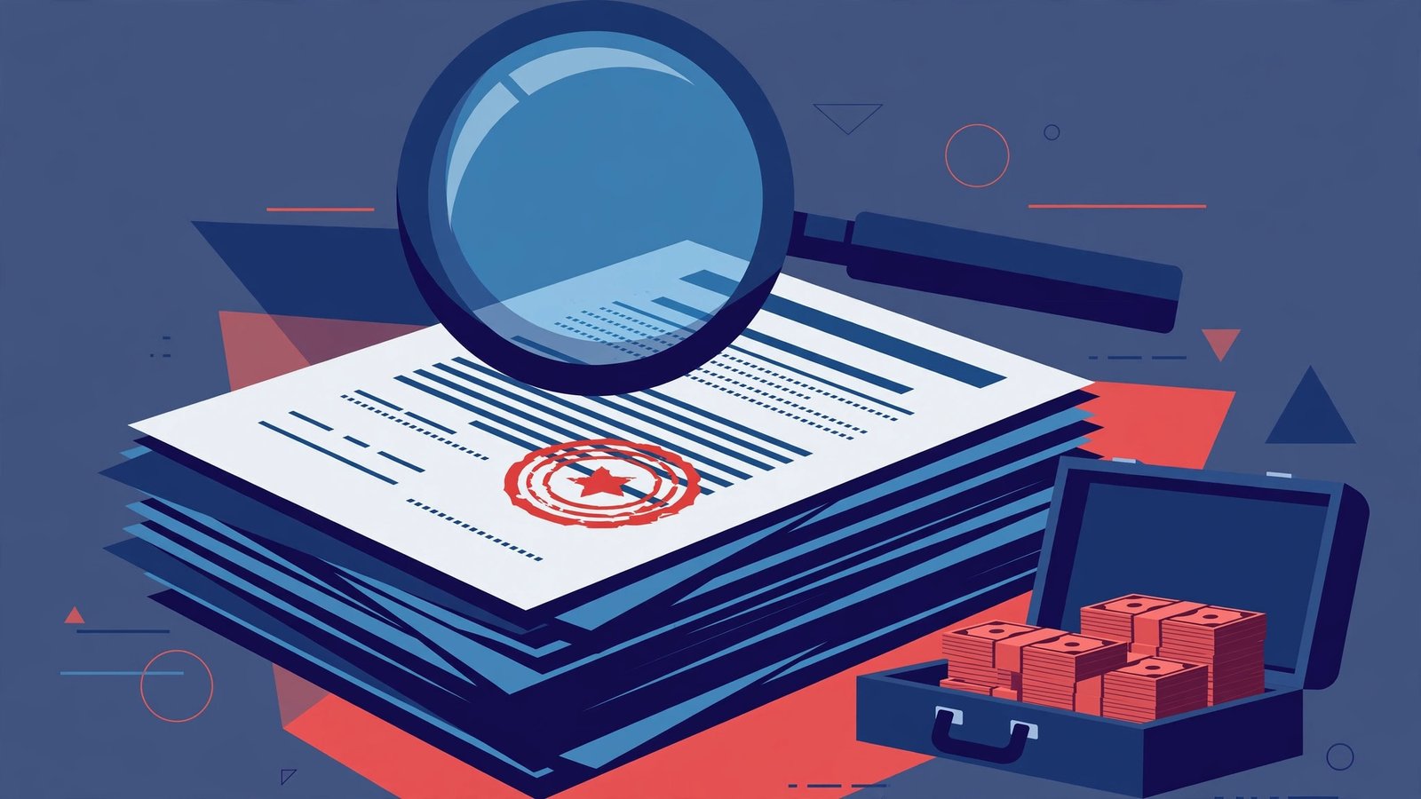 Gráfica editorial: documentos y lupa como símbolos de una investigación por contratos públicos.
