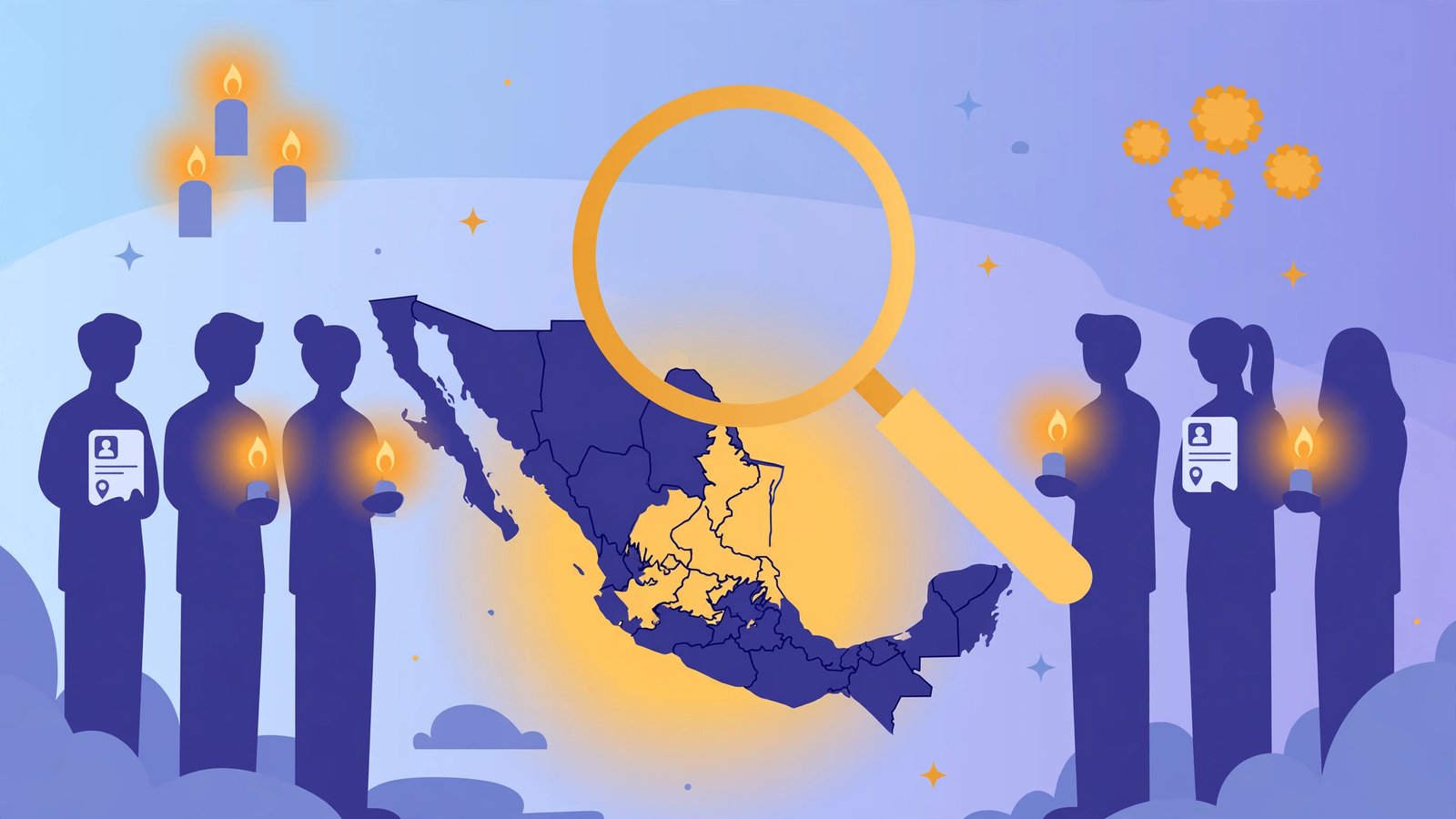 Gráfica editorial: siluetas con fichas de búsqueda en memoria de las personas desaparecidas en México.