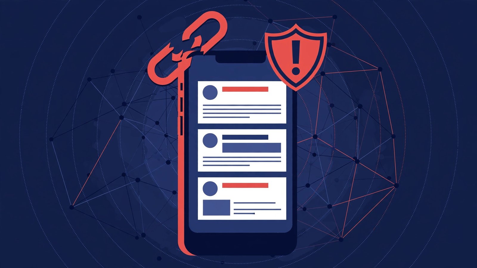 Gráfica editorial: teléfono inteligente con símbolos de alerta sobre el reclutamiento en redes sociales