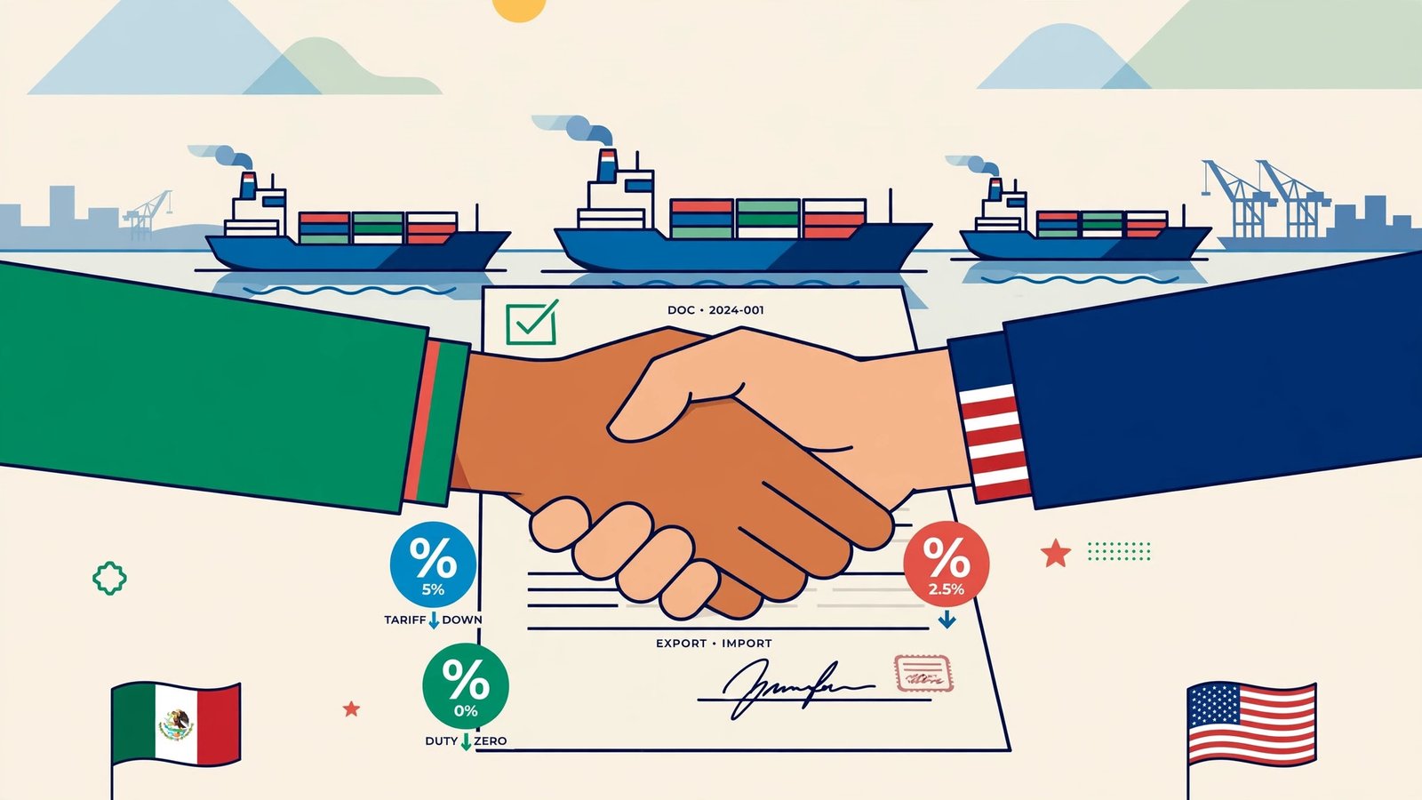 Gráfica editorial: banderas de México y Estados Unidos con símbolos de comercio y aranceles.