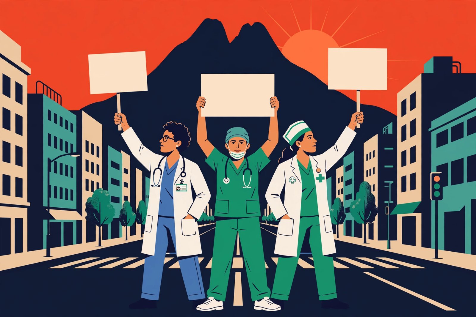 Ilustración editorial de trabajadores de la salud protestando en una avenida de Monterrey