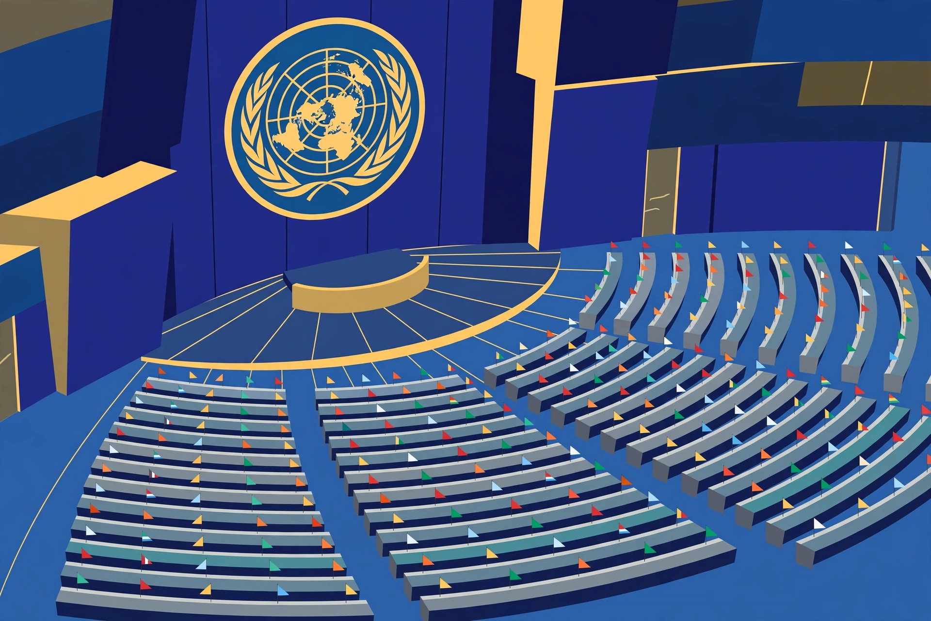 Ilustración editorial del salón de la Asamblea General de la ONU
