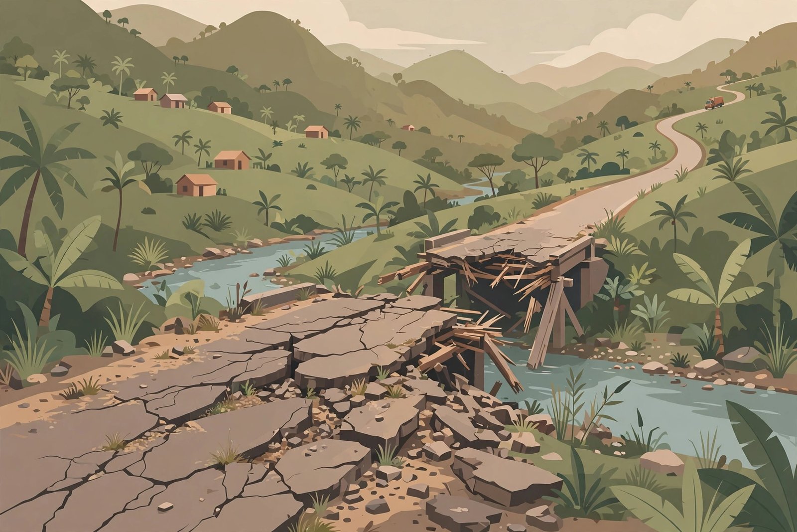 Ilustración editorial de un camino rural agrietado y un puente dañado en una zona montañosa tropical de Panamá