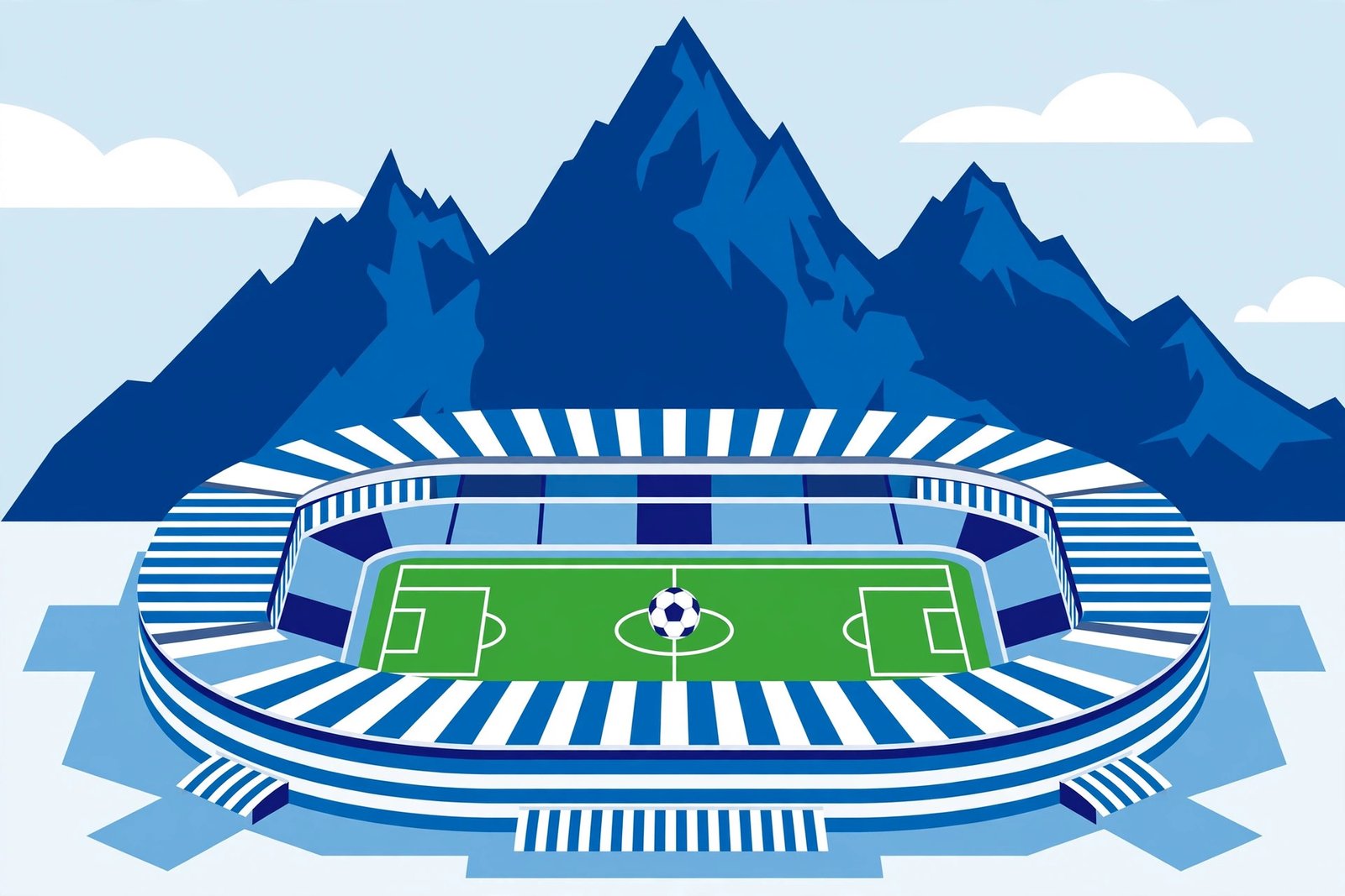 Gráfica editorial de un estadio de fútbol con la silueta de una montaña detrás