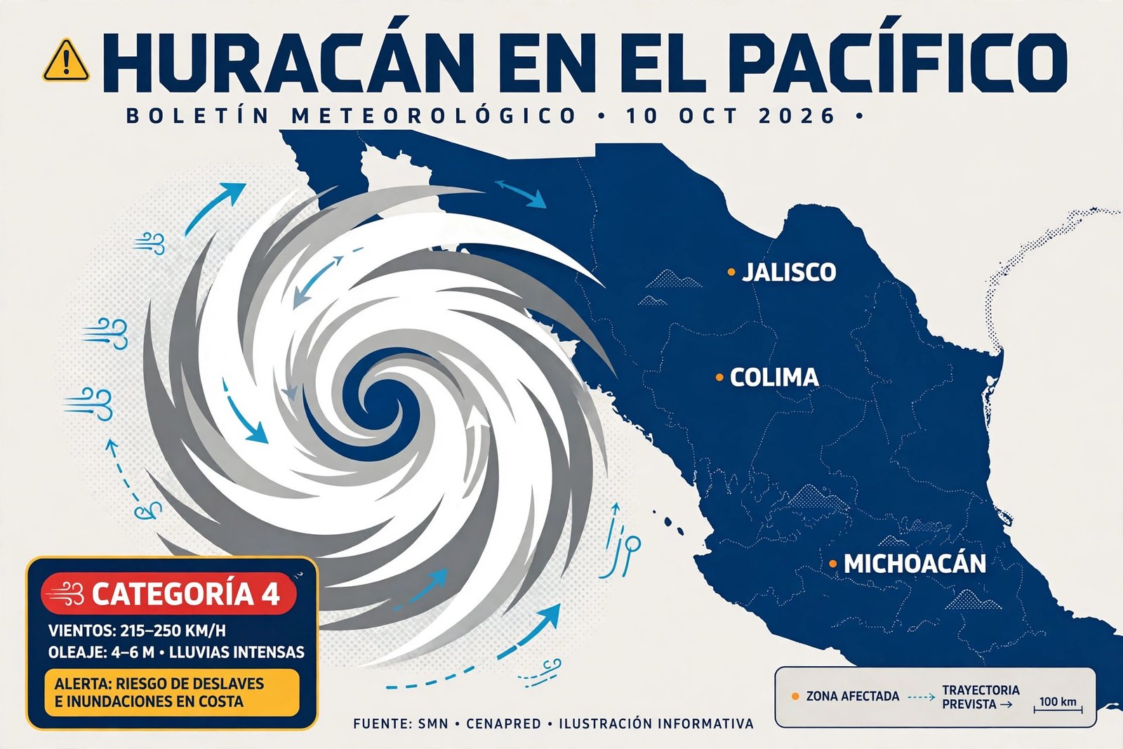 Ilustración editorial del huracán Simón categoría 4 frente a las costas del Pacífico mexicano