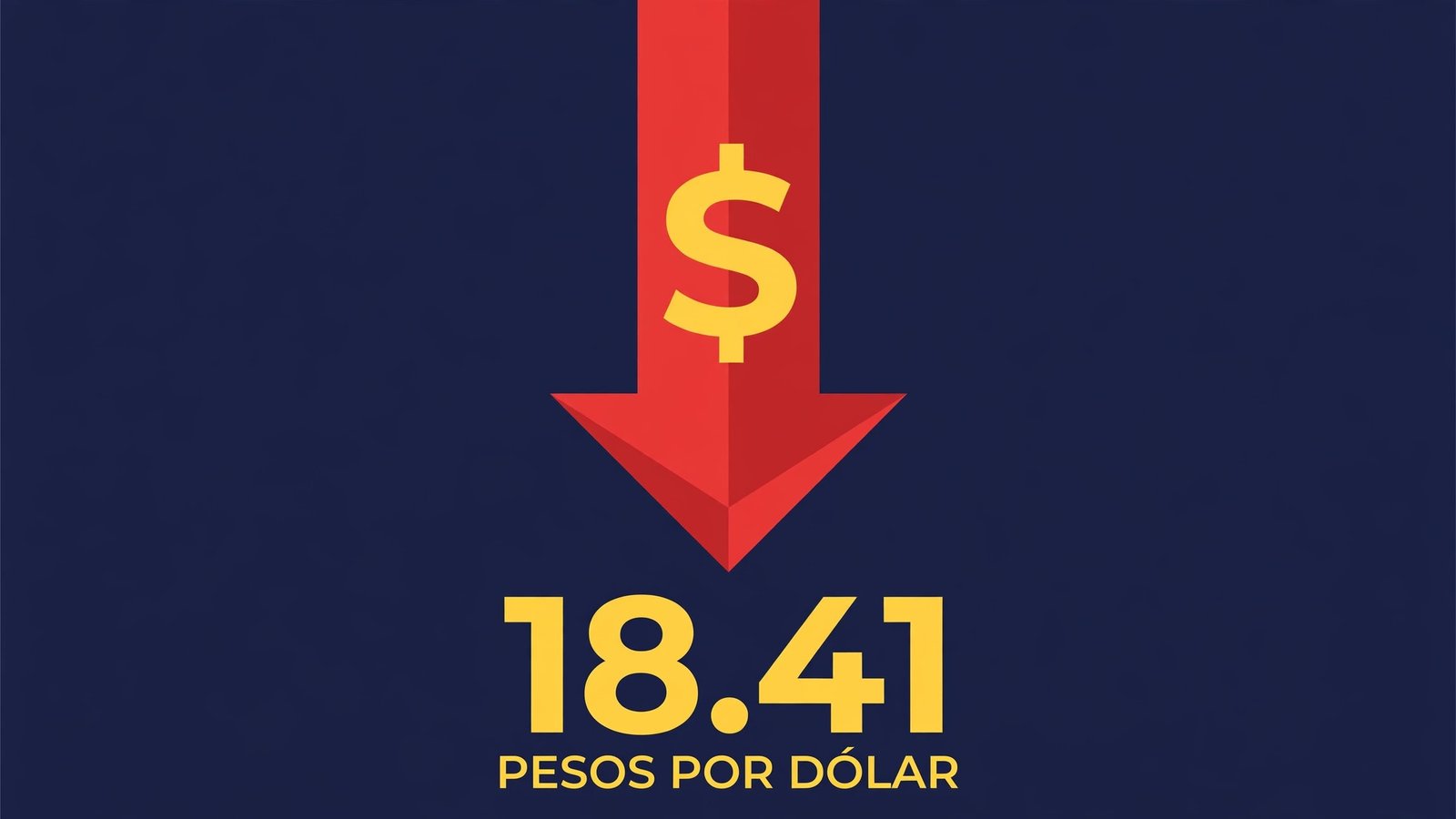Gráfica editorial: símbolo del peso mexicano cayendo con el tipo de cambio de 18.41 pesos por dólar